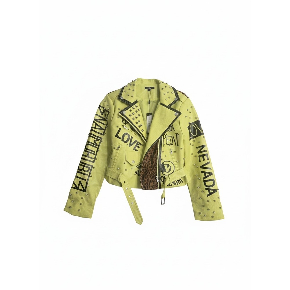 For Her NYC Pistachio Moto Jacket Lime Green Studded Graphic Leopard Print L NWT